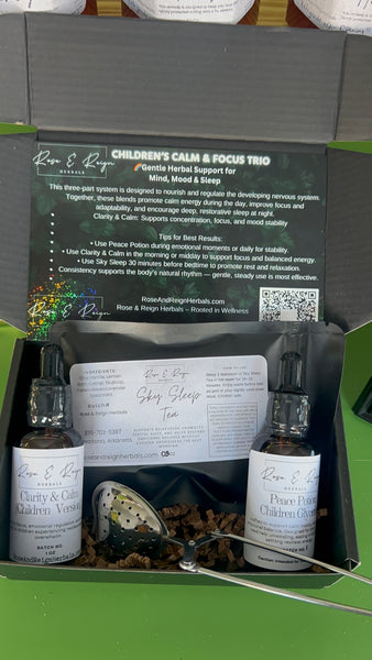 🌈 Children’s Focus & Calm Trio Gentle herbal support for hyperactivity, focus, and peaceful sleep.
By Rose & Reign Herbals – Rooted in Wellness